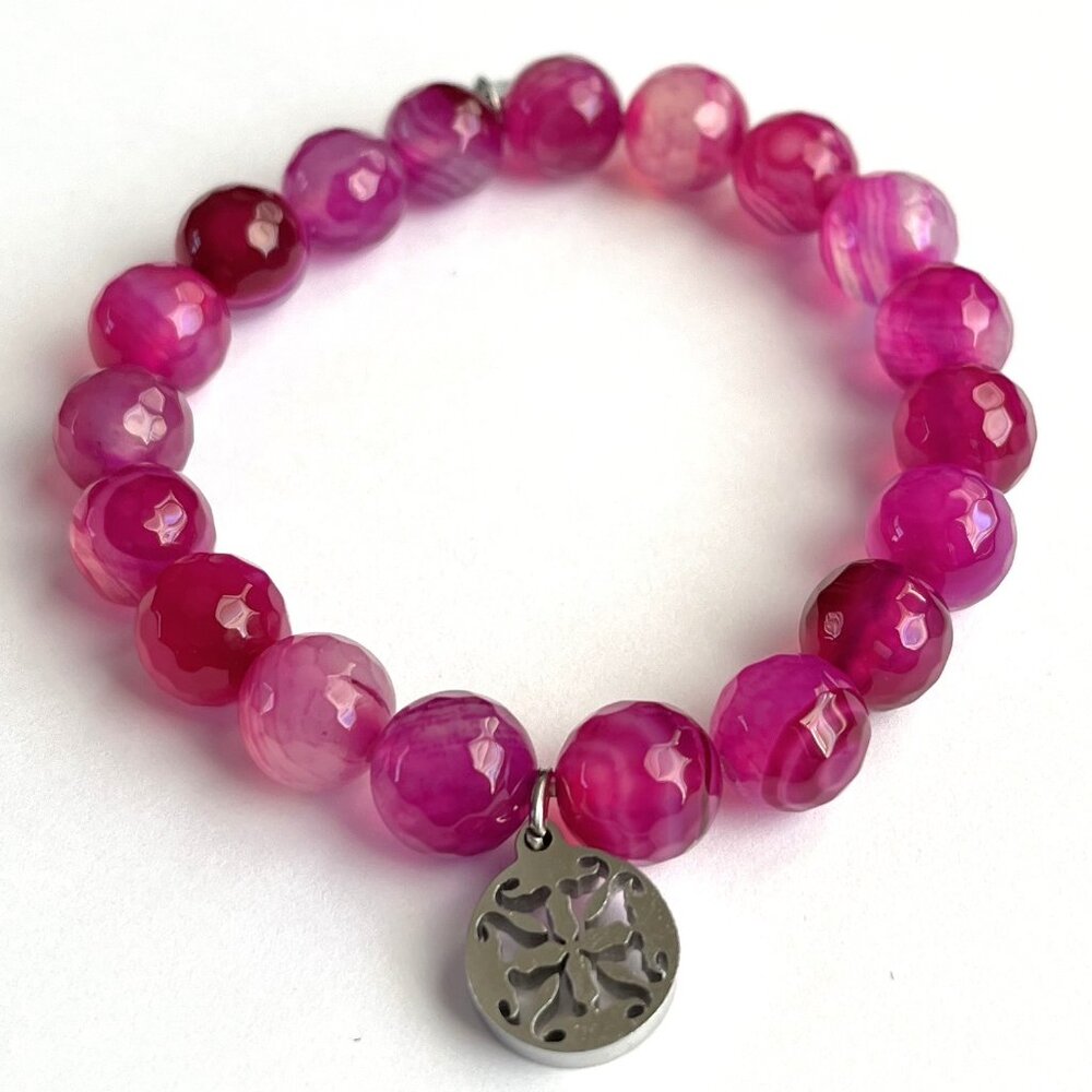 Rustic Cuff Faceted Semiprecious Pink Agate Stones Beaded Stretch Bracelet
